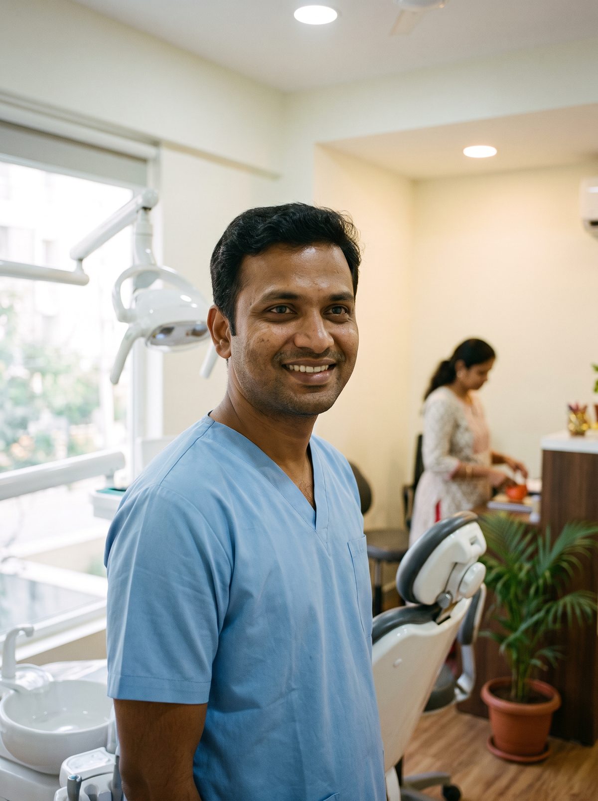 A dentist standing in his newly opened clinic in Kondapur, with his wife at the reception desk
