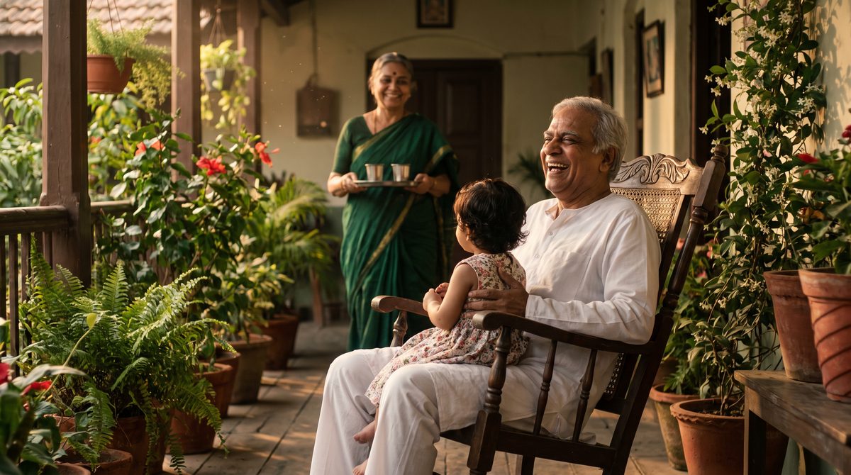 Grandparents on the verandah with their granddaughter, sharing filter coffee