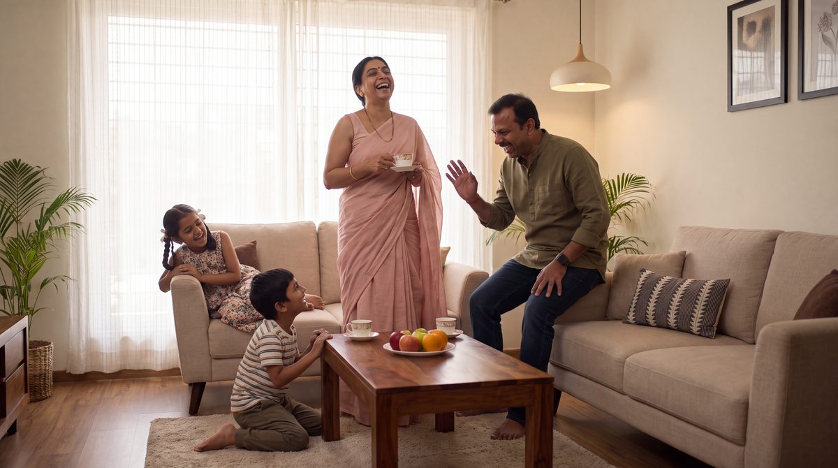 A family sharing a laugh over tea in their bright, well-furnished Hyderabad living room