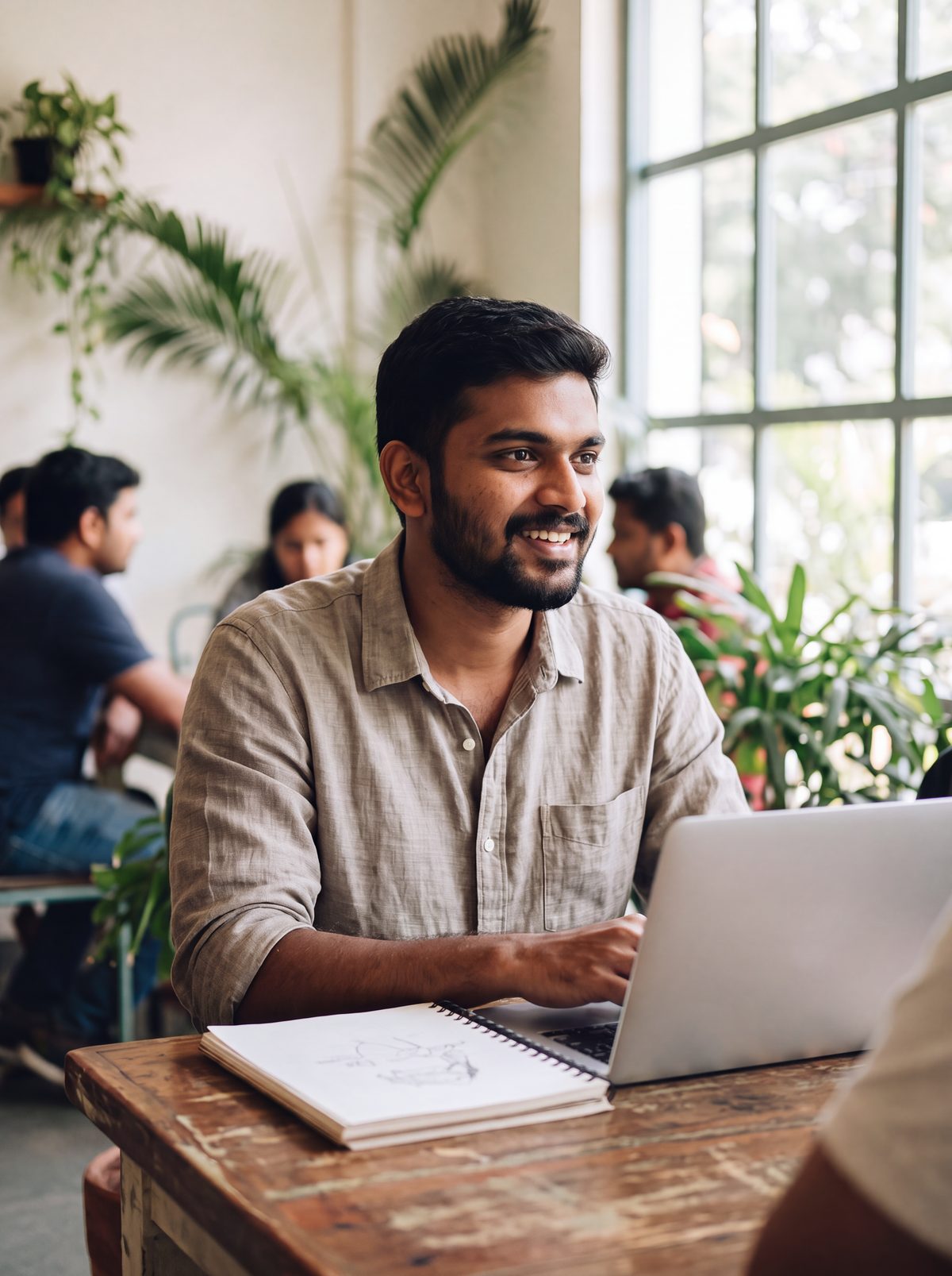 A freelance designer working at a cafe table with his sketchbook and laptop