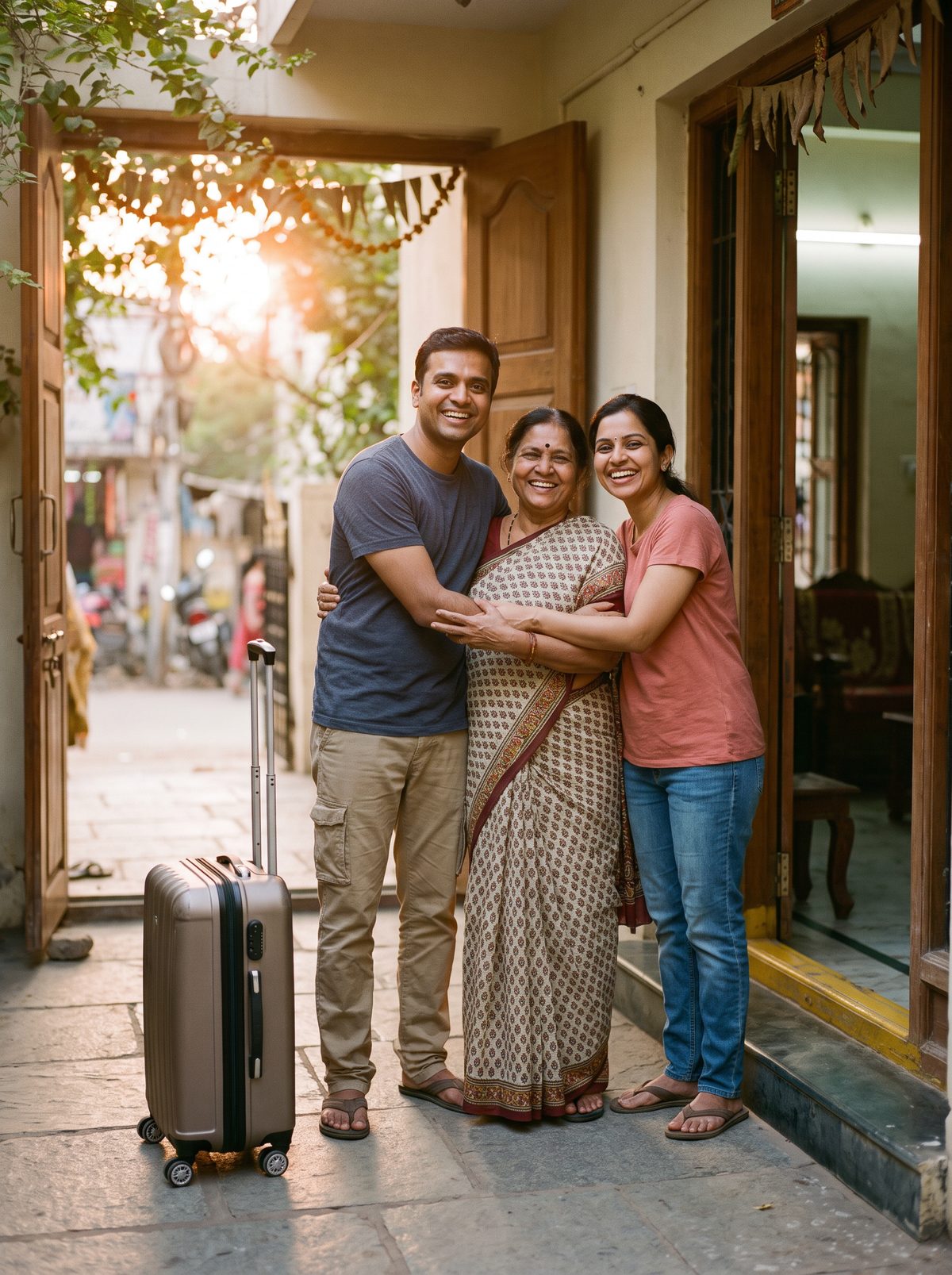 An NRI couple being welcomed home by family at the doorway