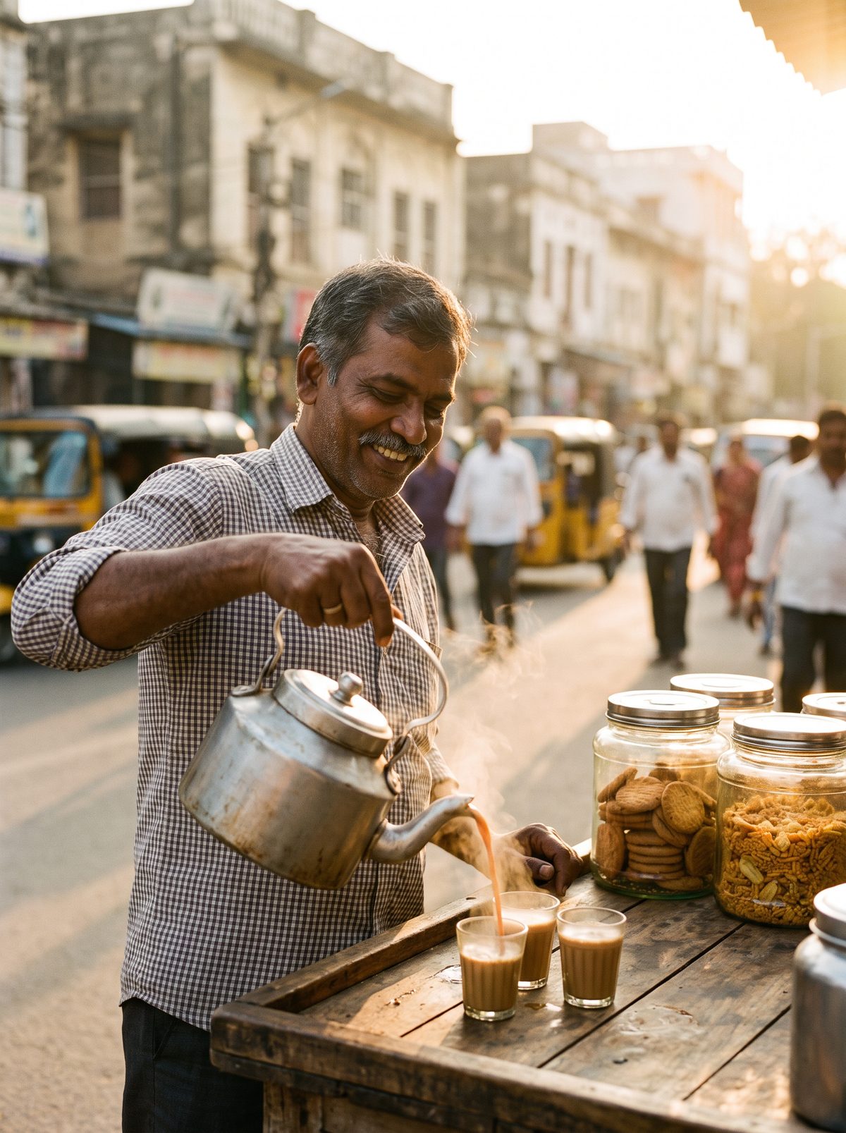 A tea stall owner pouring tea from a steel kettle at his roadside stall