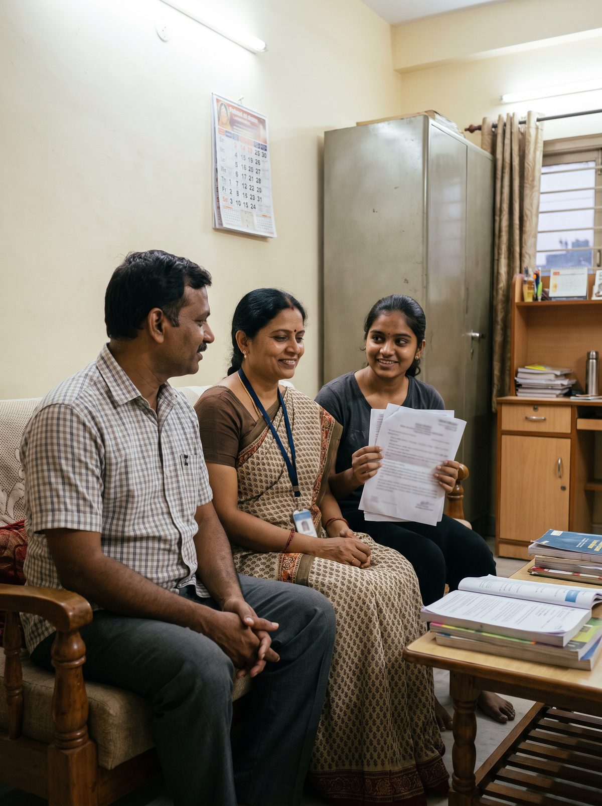 A bank officer and a teacher with their daughter, smiling over her college admission letter in their Miyapur home